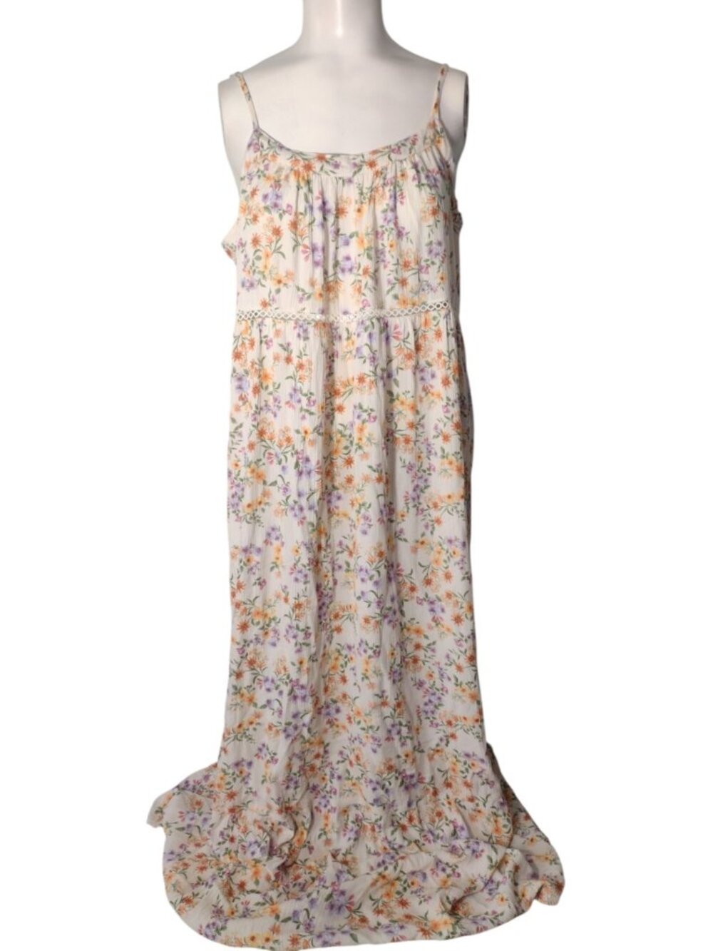Floral Crinkle Tiered Maxi Dress M Crotchet Cut Out Cottage Boho Rayon Pink Rose